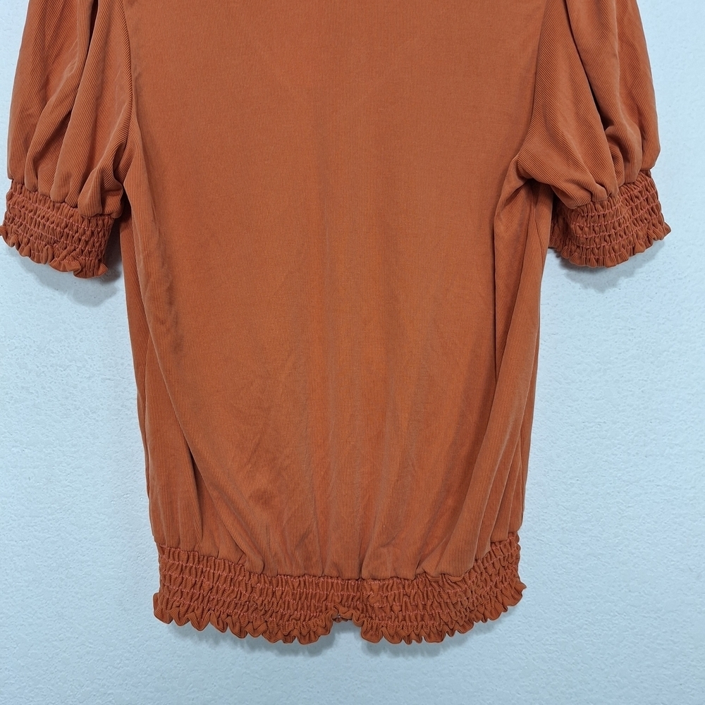 Green Envelope "NEW" Orange Boho Modal Blend Academia Smocked Blouse Size L - Picture 7 of 11